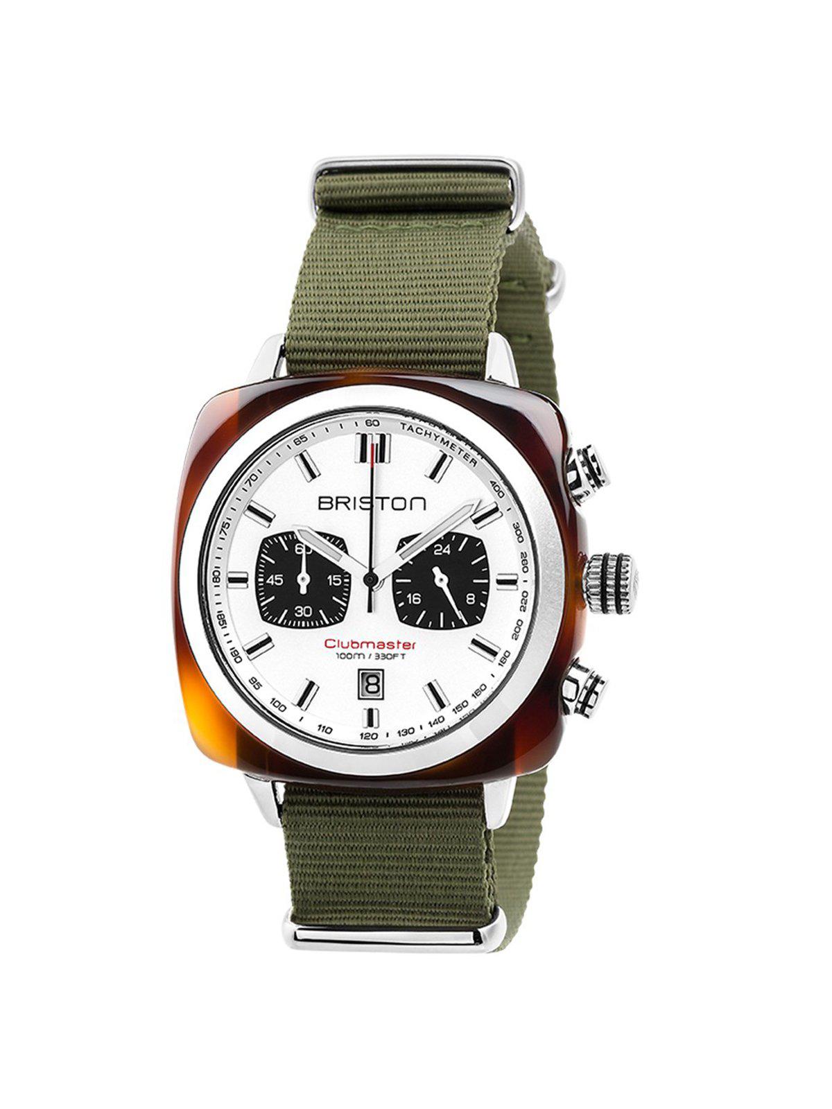 Briston Clubmaster Sport Acetate Chronograph White Dial Army Green Nato Strap 42mm - MORE by Morello Indonesia