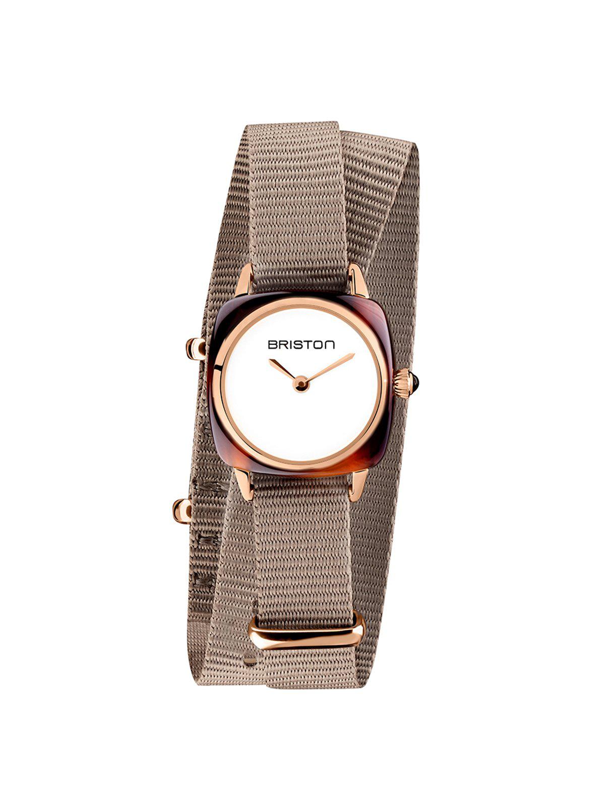 Briston Clubmaster Lady Acetate HM Tortoise Shell White Dial Rose Gold Taupe Double Tour Nato Strap 24mm - MORE by Morello Indonesia
