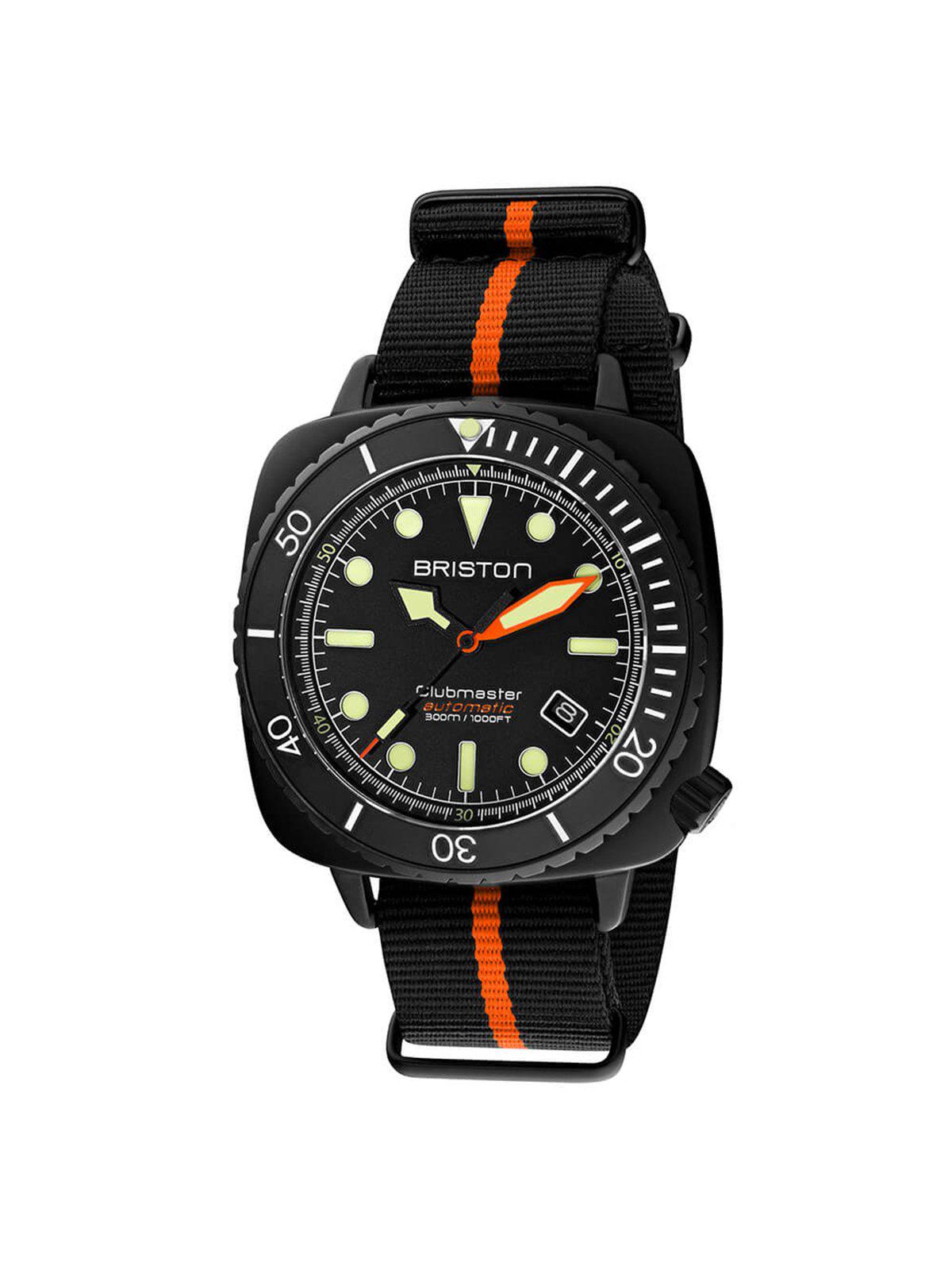 Briston Clubmaster Diver Pro Automatic Acetate Black Orange Nato Strap 44mm - MORE by Morello Indonesia
