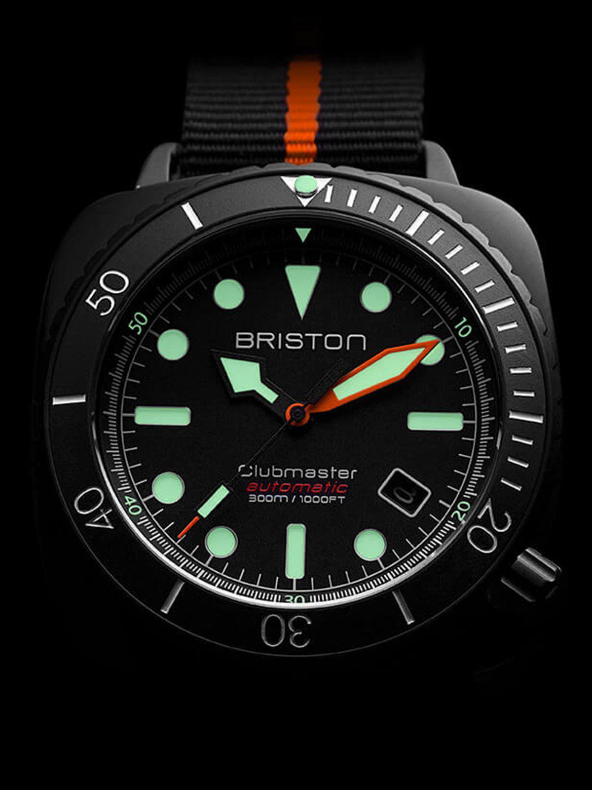 Briston Clubmaster Diver Pro Automatic Acetate Black Orange Nato Strap 44mm - MORE by Morello Indonesia