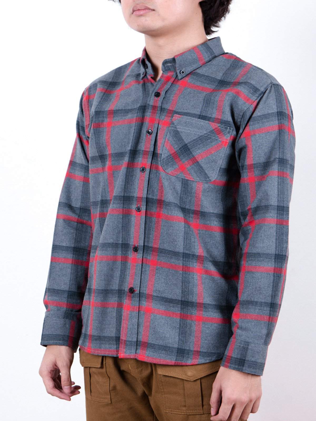 Qutn Button Down LS Grey Red Flannel Shirt - MORE by Morello Indonesia