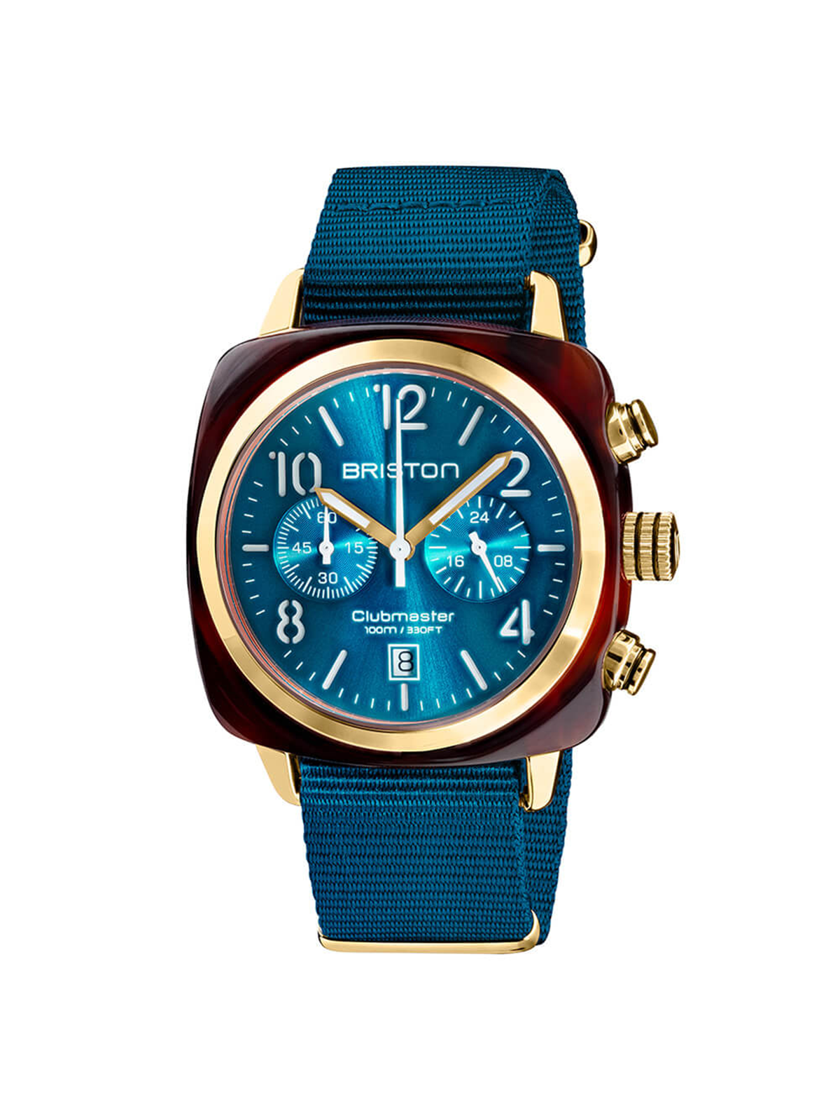 Briston Clubmaster Classic Acetate Chronograph Peacock Blue Sunray Dial Yellow Gold 42mm - MORE by Morello Indonesia