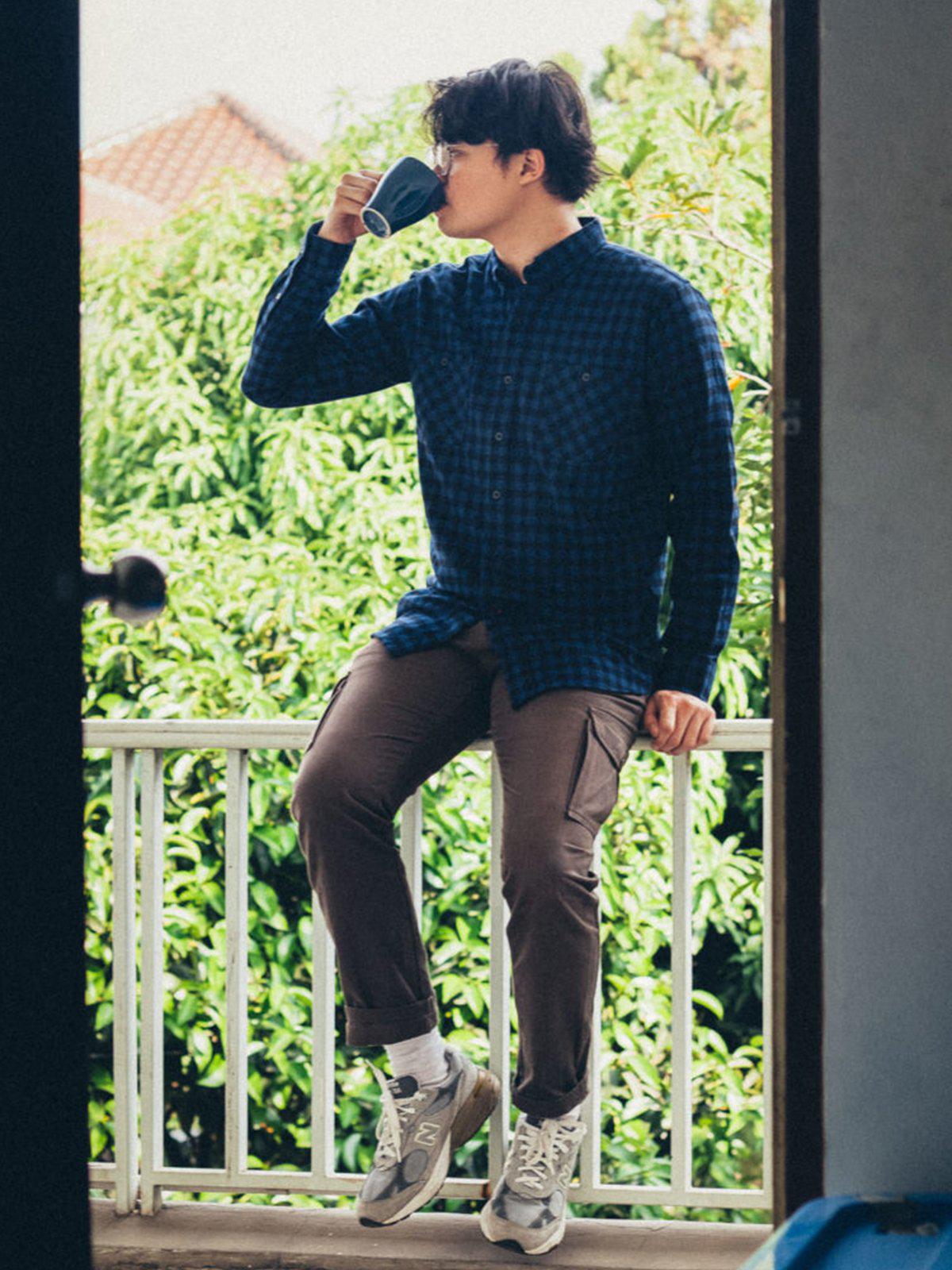 Qutn Button Down Double Pocket LS Blue Black Minicheck Flannel - MORE by Morello Indonesia