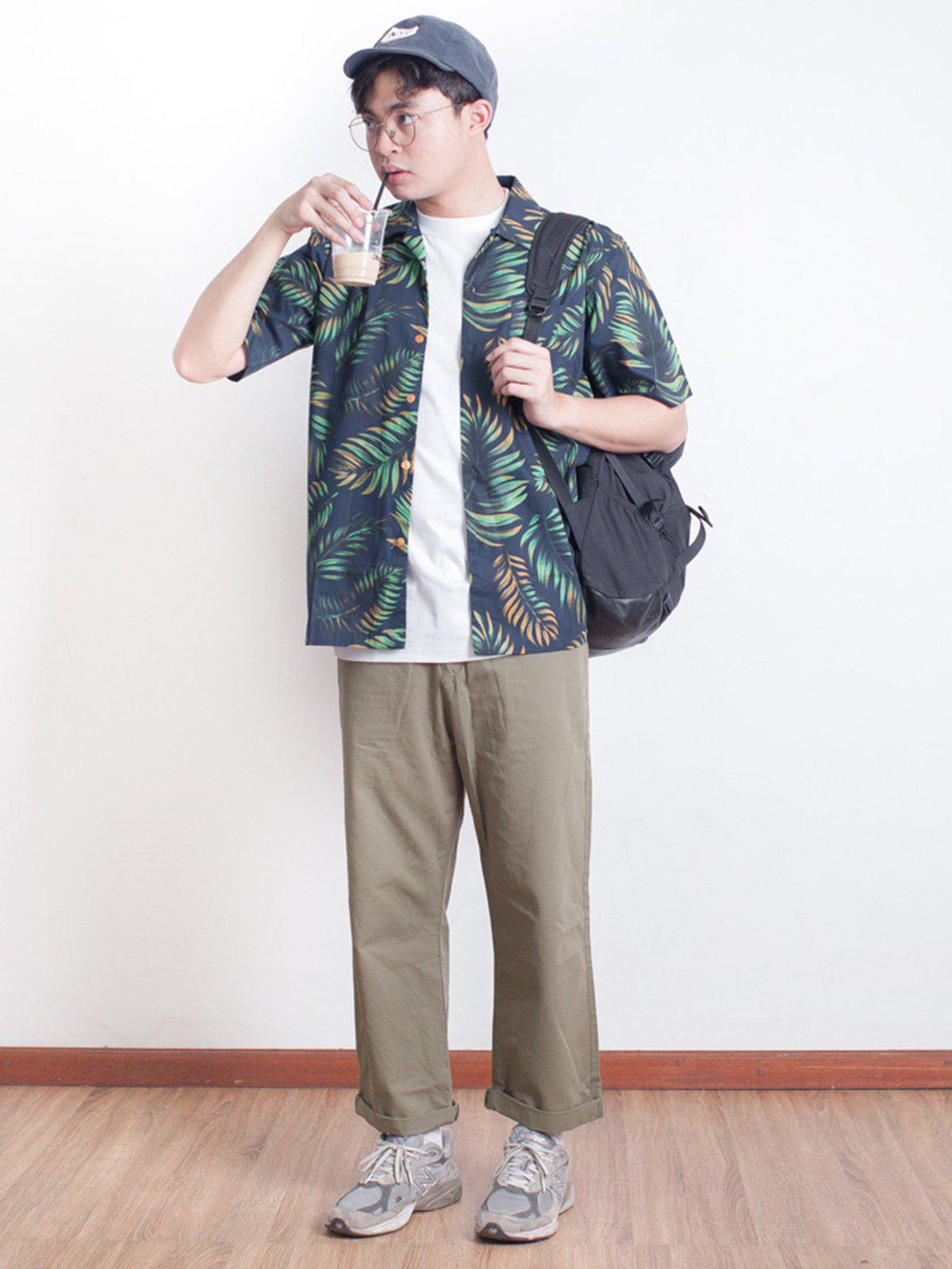 Qutn Hawaiian Shirt SS Navy Tropical Leaves - MORE by Morello Indonesia