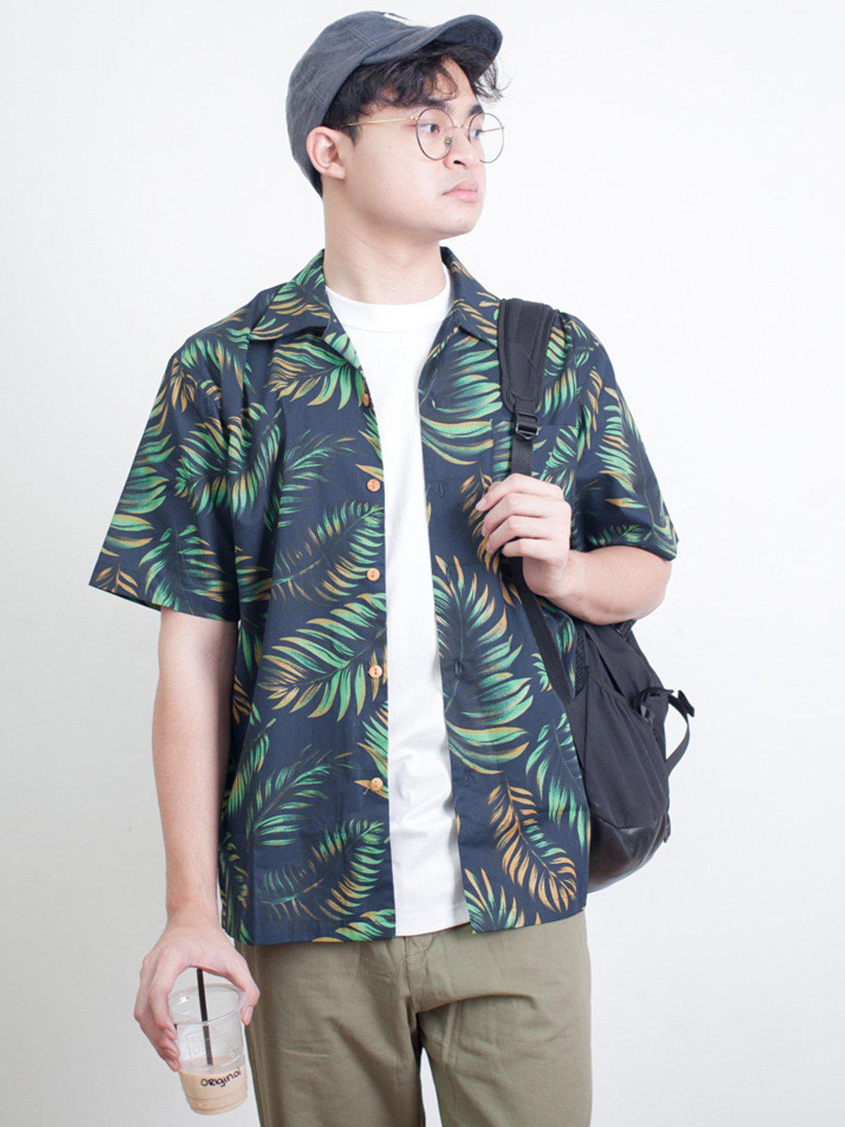 Qutn Hawaiian Shirt SS Navy Tropical Leaves - MORE by Morello Indonesia