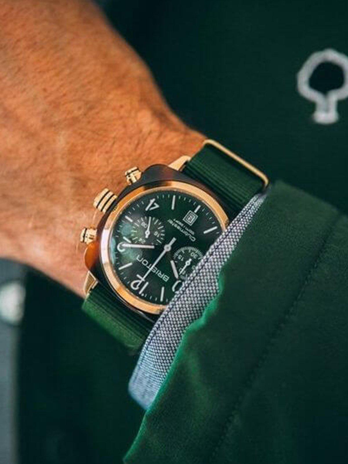 Briston Clubmaster Classic Acetate Chronograph Tortoise Shell Gold Green Sunray Dial 40mm