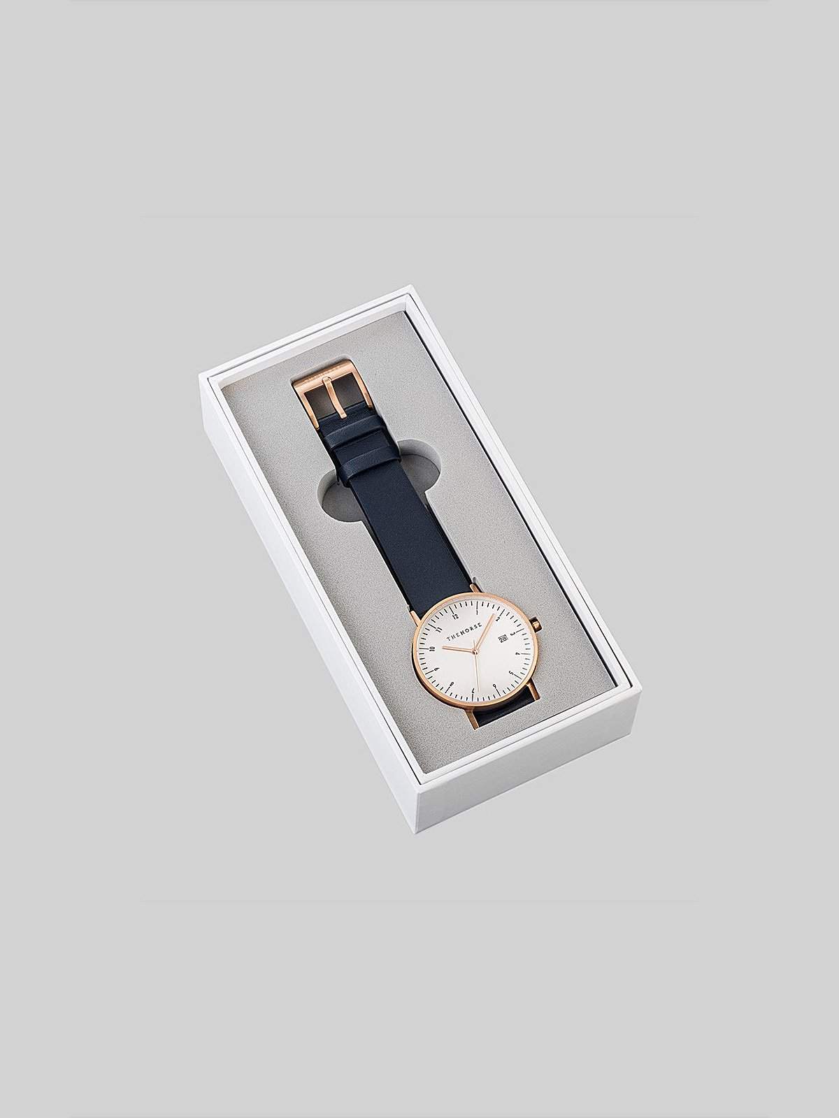 The Horse D-Series Brushed Rose Gold Navy Leather Watch - MORE by Morello Indonesia
