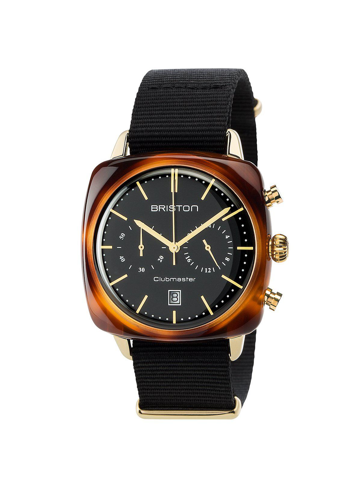 Briston Clubmaster Vintage Acetate Chronograph Gold Black Dial And Yellow Gold NATO 40mm MORE by Morello Indonesia