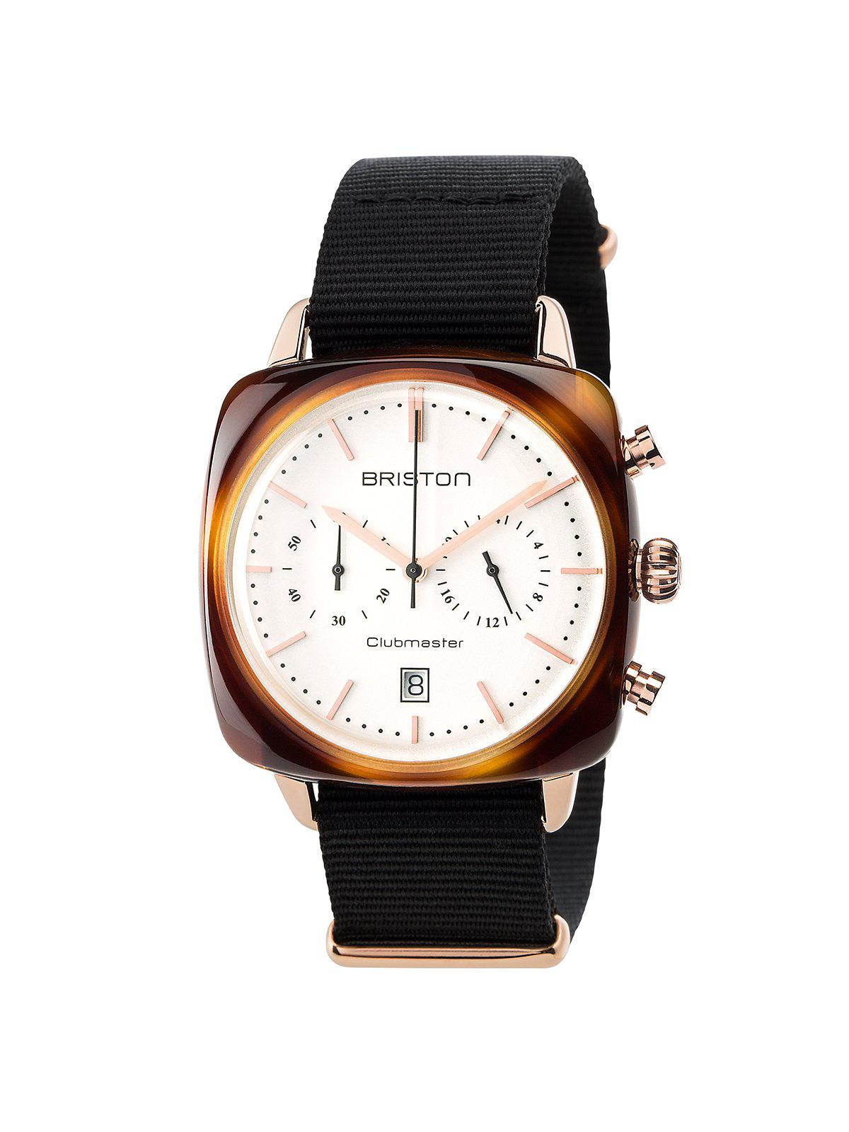 Briston Clubmaster Vintage Acetate Chronograph Gold White Dial And Rose Gold NATO 40mm - MORE by Morello Indonesia