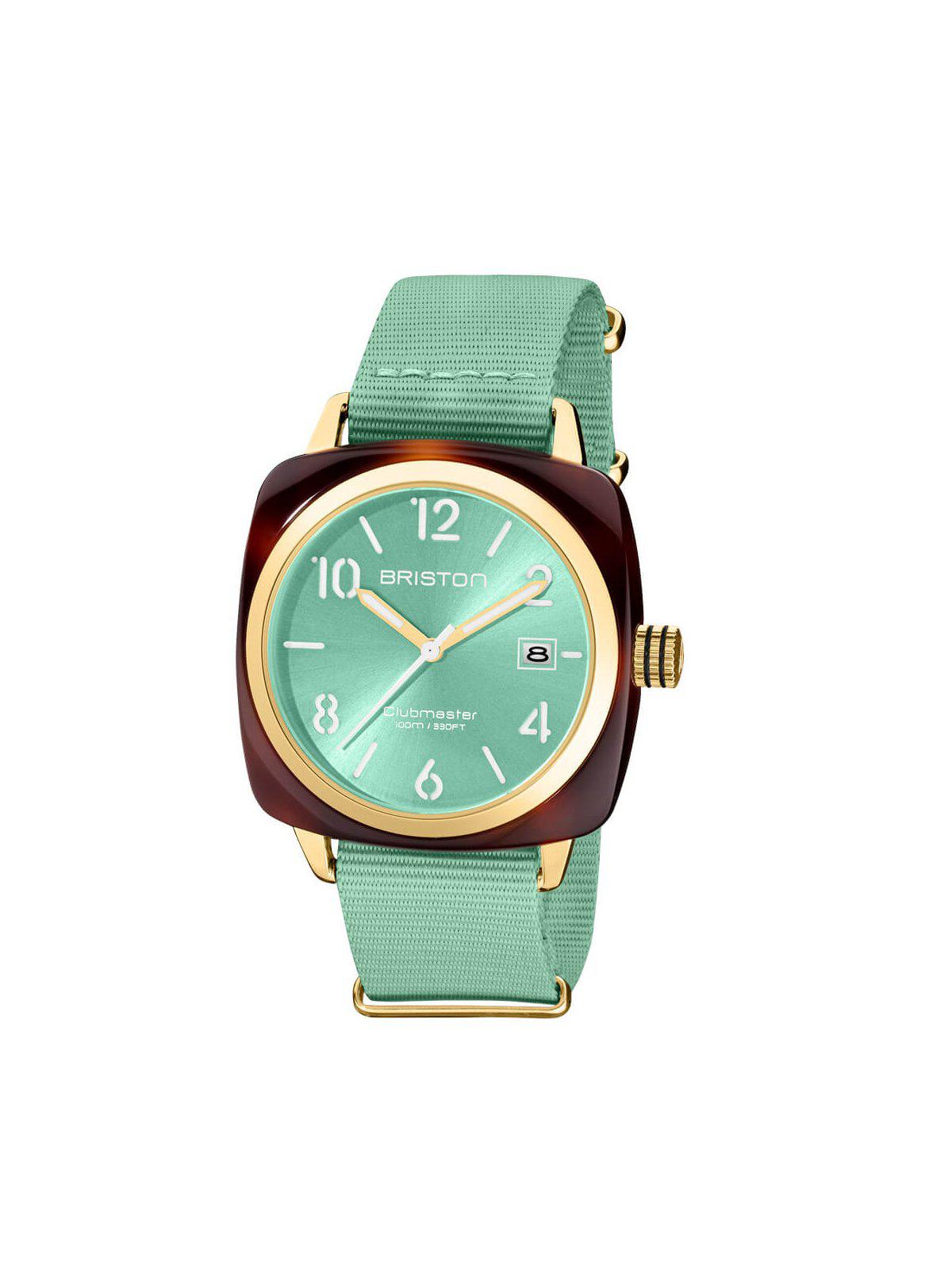 Briston Clubmaster Classic Acetate HMS Gold Aqua Green Sunray Dial 40mm