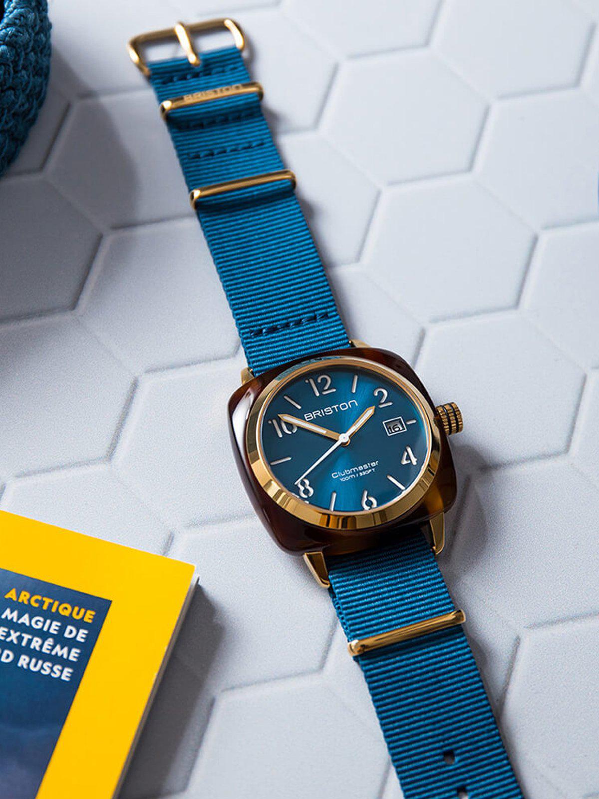 Briston Clubmaster Classic Acetate HMS Gold Peacock Blue Sunray Dial 40mm